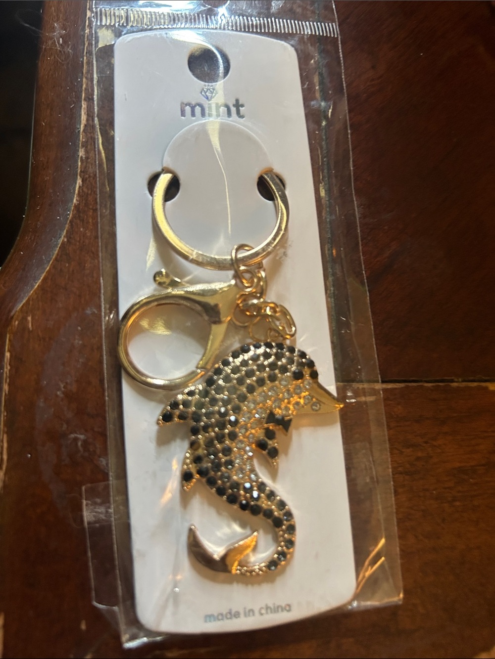 Mint Gold Dolphin Keychain with Black Crystals